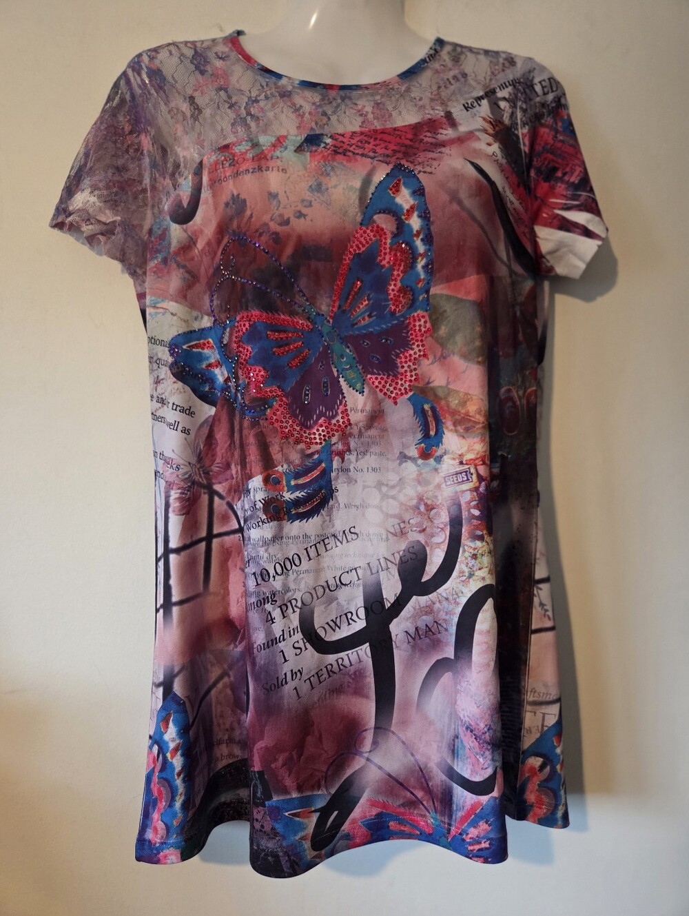 Minkas Abstract Butterfly Print Top with Sequin/Lace Accents